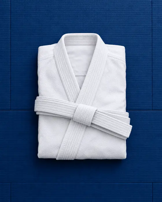 Kimono de jiu jitsu branco dobrado sobre o tatame