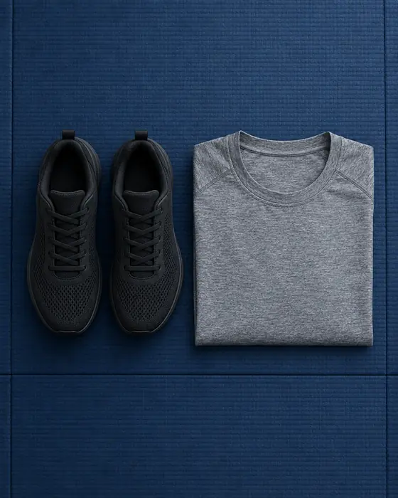 Tênis preto de treino e camiseta dry-fit