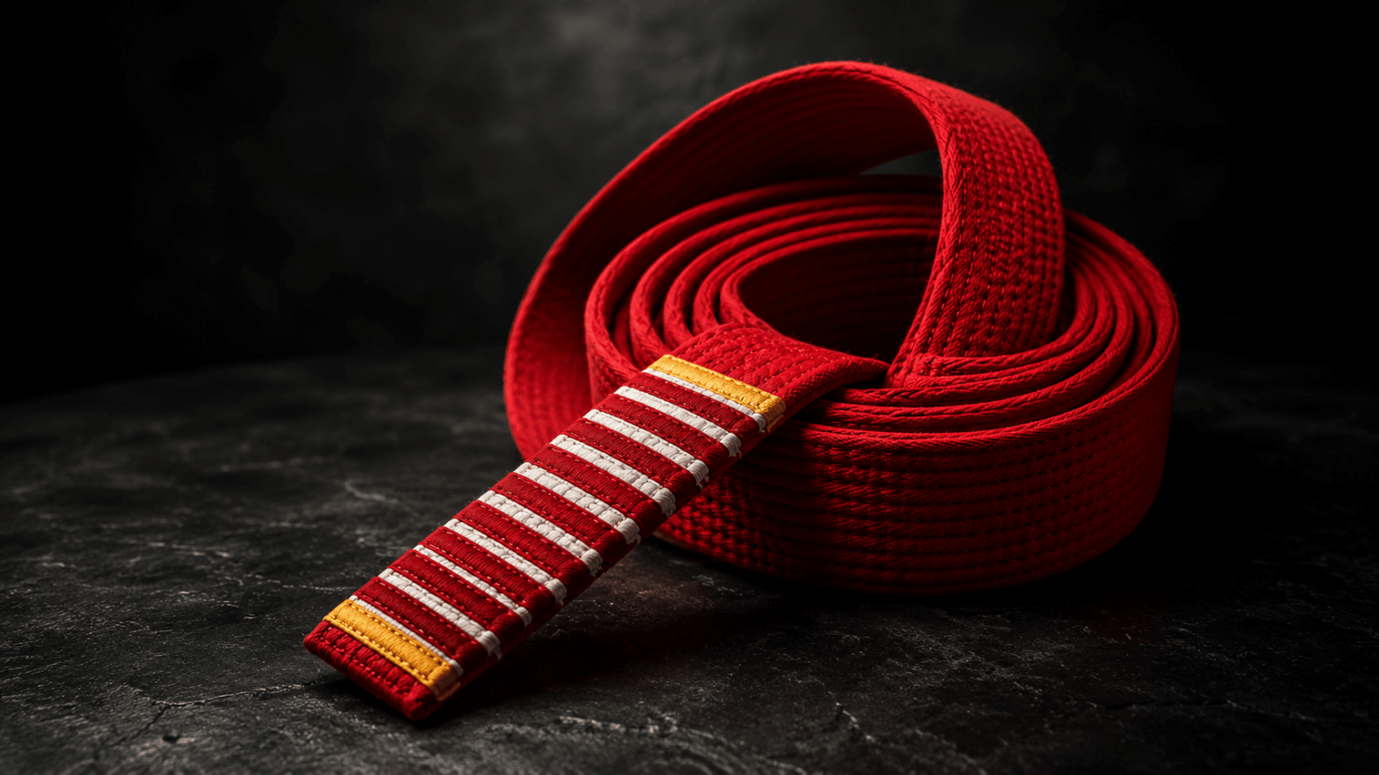 Faixa vermelha de Jiu Jitsu, o maior grau de graduação da arte suave, símbolo dos grandes mestres