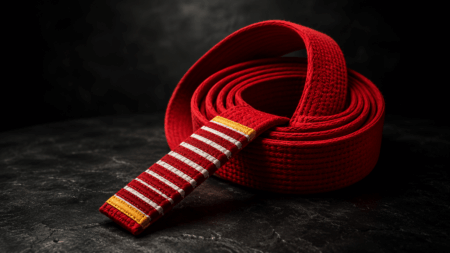 Faixa vermelha de Jiu Jitsu, o maior grau de graduação da arte suave, símbolo dos grandes mestres