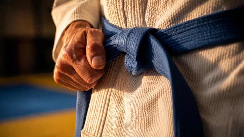 Faixa azul de jiu jitsu, símbolo da primeira grande graduação no esporte