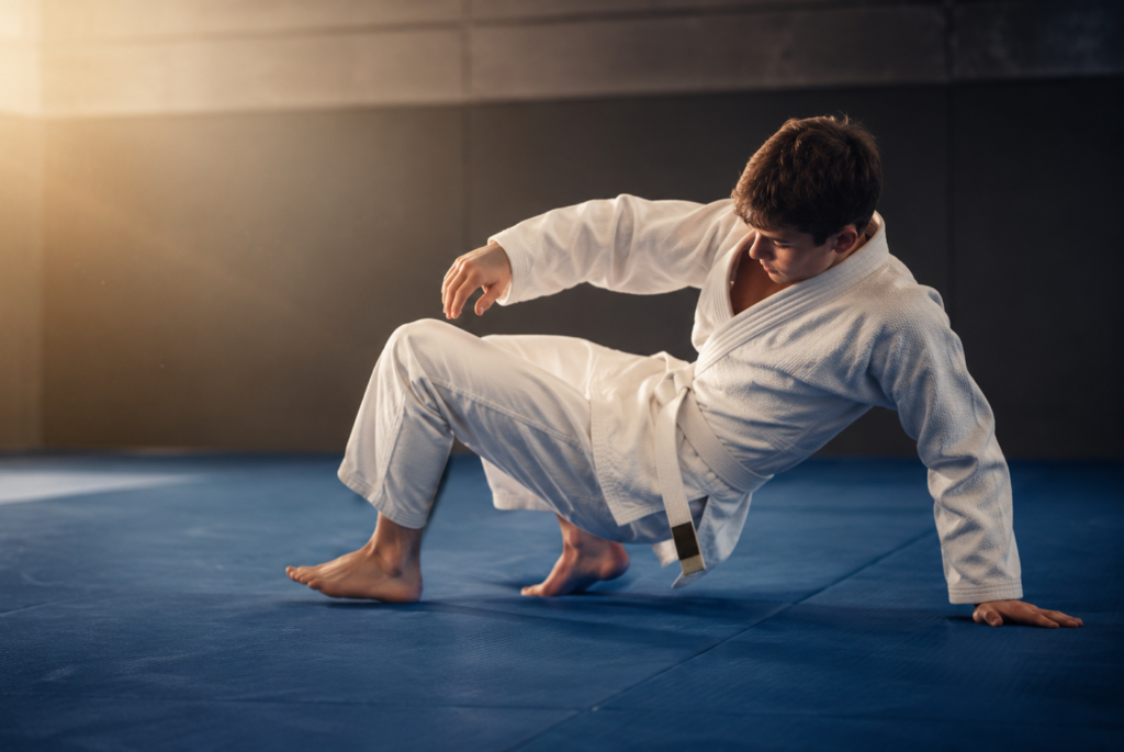 O que aprender primeiro no jiu jitsu, iniciante treinando fundamentos no tatame