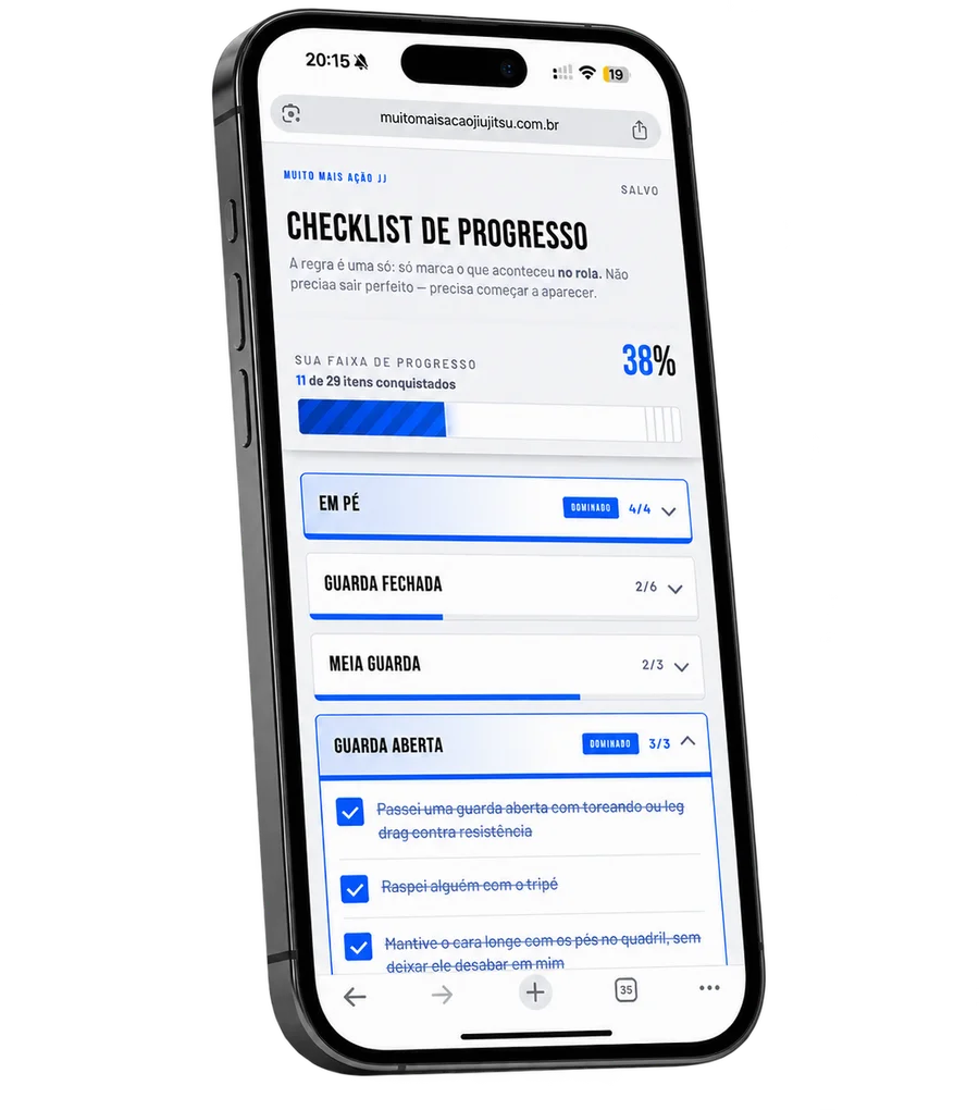 Checklist de Progresso do GFA aberto no celular, com barra de progresso e itens por módulo