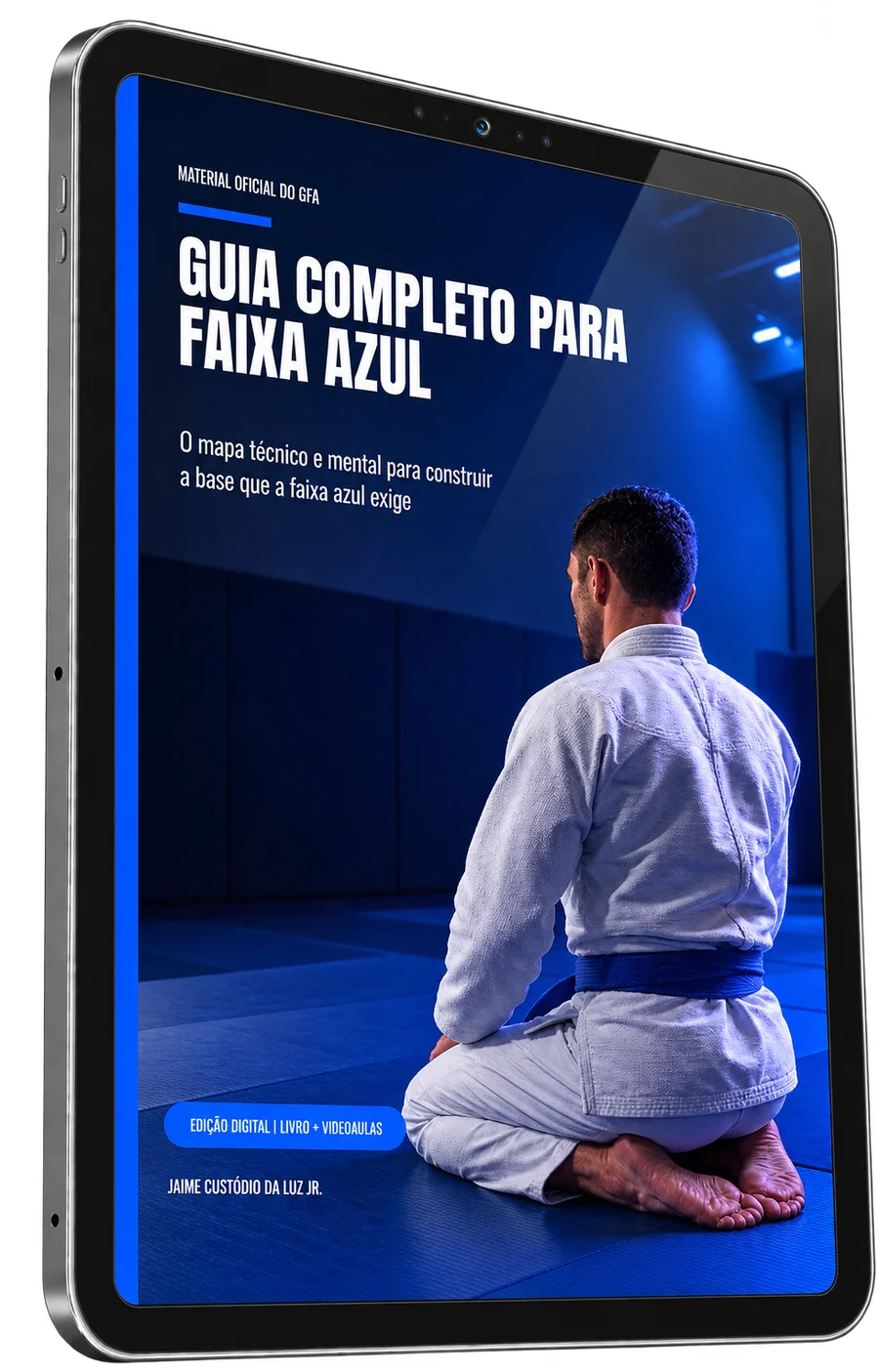 Ebook oficial do GFA aberto num tablet, com a capa Guia completo para faixa azul